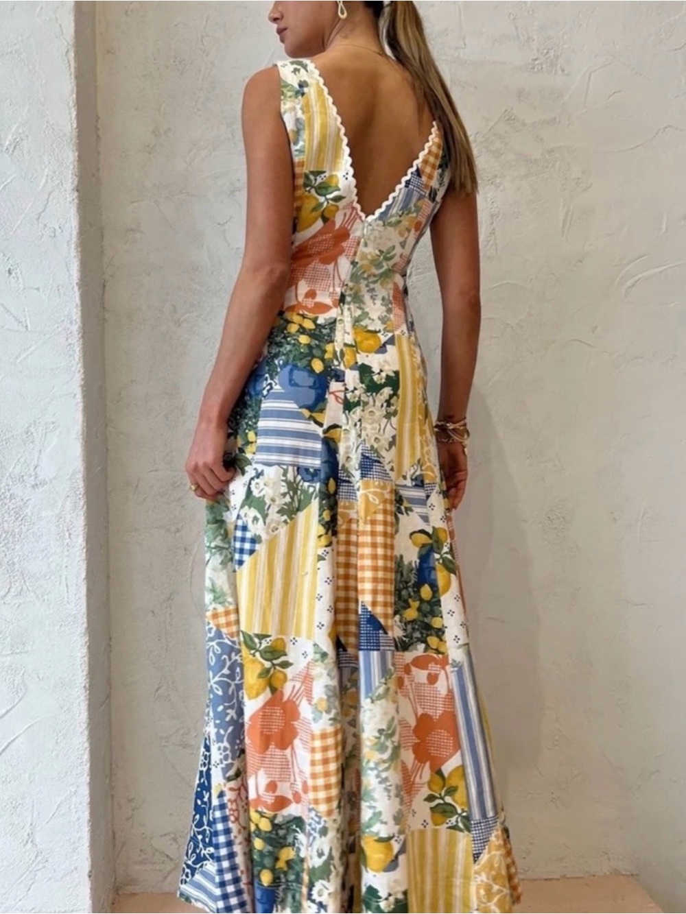 Commense Lemonade Patchwork  Maxi Dress - Blue, Yellow & White Deep-V neck - Picture 3 of 11